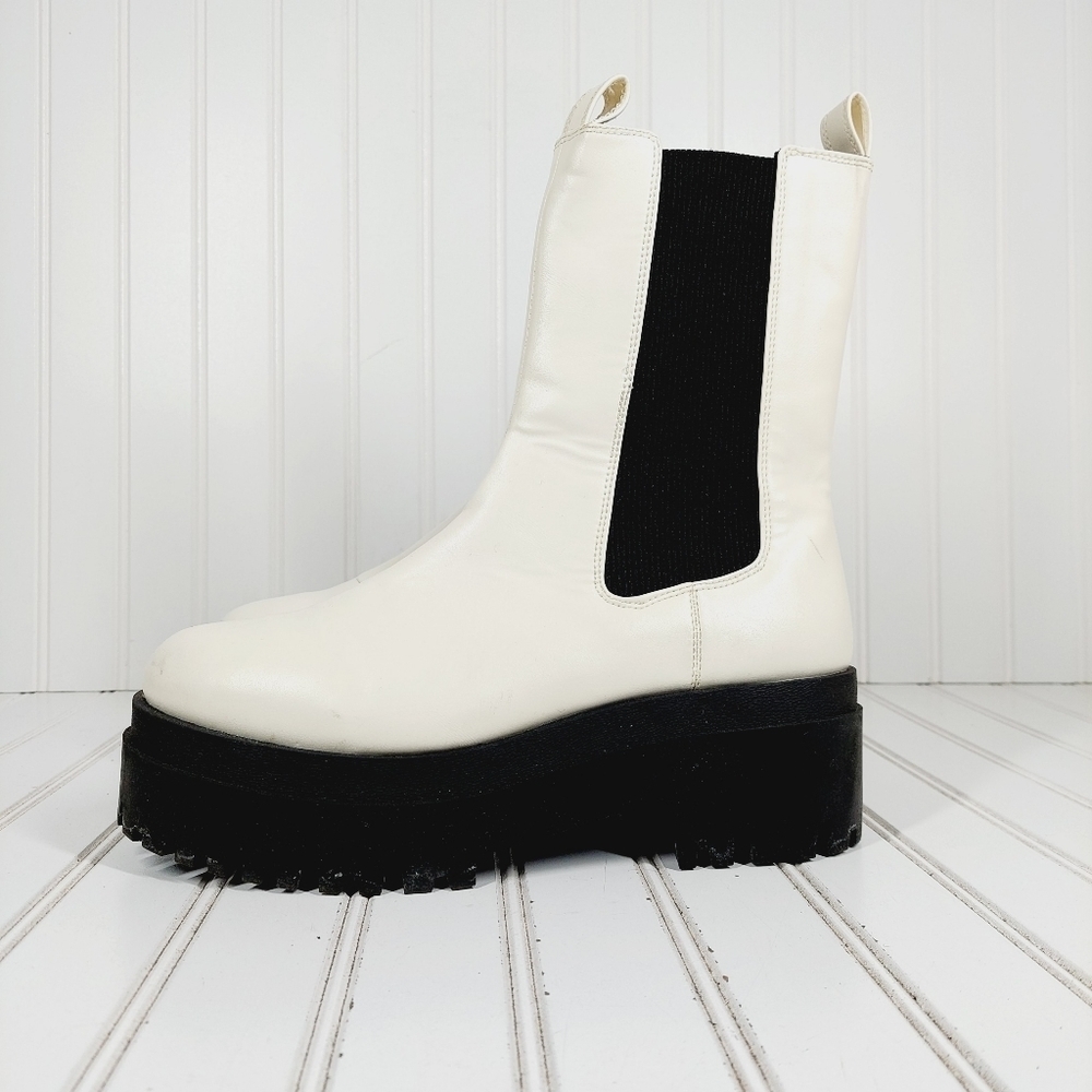 NEW Divided Black White Chunky Faux Leather Slip On Elastic Gore Ankle Boot S822